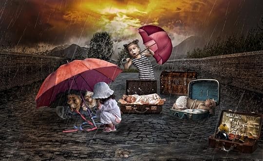 Little girls and babies in the rain