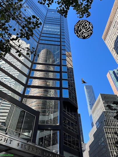 Skyscraper mirroring its neighbor, pigeon flying by, and, in the sky, a strange black disk.