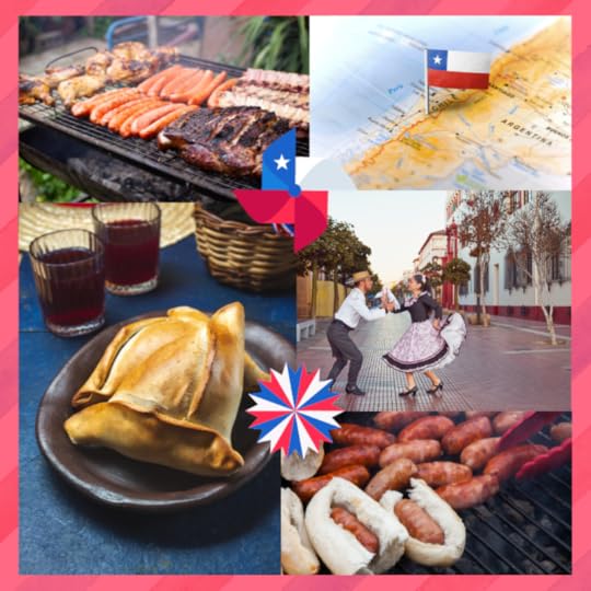 How my identities shape my books: A collage of five photos, including traditional Chilean barbecue, a map of Chile with the Chilean flag, a marraqueta bread on a table with two glasses of red wine, a couple dancing in the street, and several chorizos and choripanes on a grill.