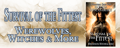 Survival of the Fittest: Werewolves & Witches & More - book cover with a female sheriff and gold lightning over a white background with more gold lightning.
