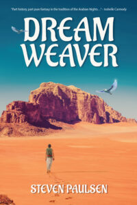 Cover of Dream Weaver by Steven Paulsen, showing a boy standing in a desert with a rock formation in the distance and a bird flying overhead.
