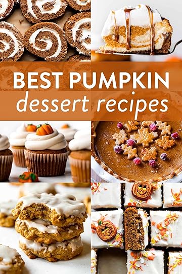 collage of pumpkin dessert recipes pictures including pumpkin roll, pumpkin swirl cheesecake, pumpkin cupcakes, pumpkin pie, and pumpkin bars.