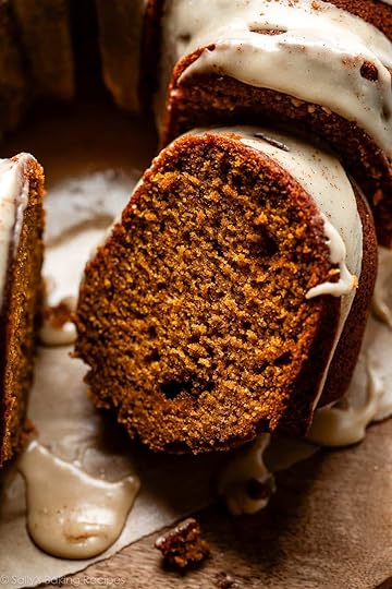 slice of pumpkin Bundt cake with maple icing on top.