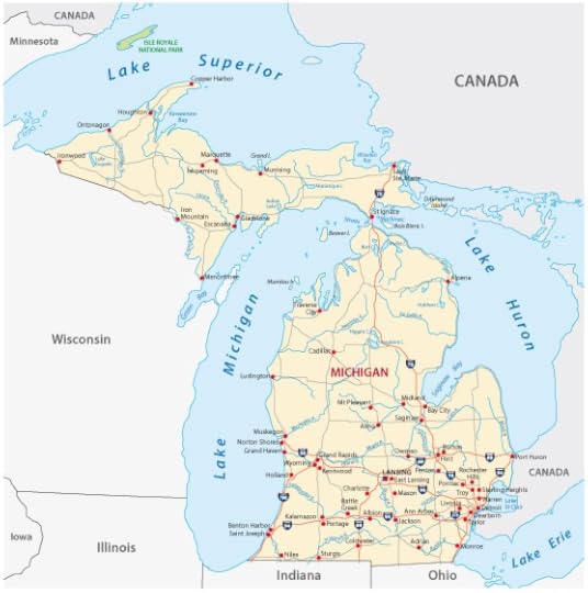 Map of Michigan showing states and roads
