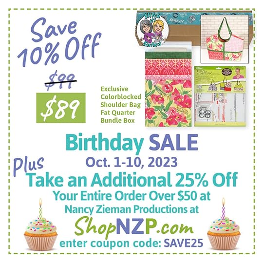 ShopNZP.com Birthday Sale Save 10 Percent Off Exclusive Colorblocked Shoulder Bag Fat Quarter Bundle Box at Nancy Zieman Productions