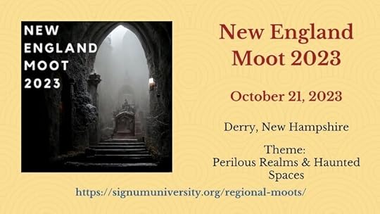 New England Moot 2023 logo (a dark, haunted passage in a Gothic space) with the theme (“Perilous Realms and Haunted Spaces”), date (October 21, 2023), home location (Derry, NH), and website listed.