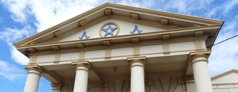 Warrnambool. The Masonic Lodge with Doric columns and classical Greek triangular pediment.