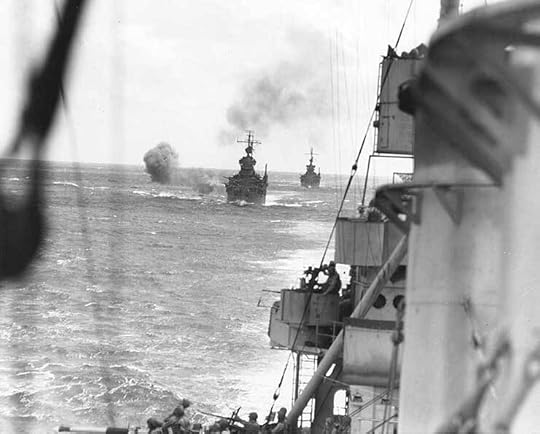 USS Minneapolis, USS San Francisco, and USS New Orleans bombard Wake Island, 5 Oct 1943 (US Naval History & Heritage Command)