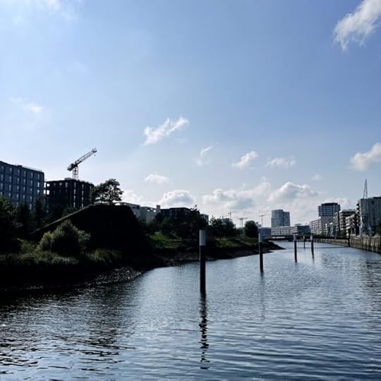 Blick über einen Elbeseitenarm und die Hafencity an den Ufern