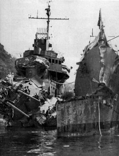 Destroyers USS Selfridge (bow shot off) and USS O’Bannon at New Caledonia for repairs after Battle of Vella Lavella (US Navy photo)