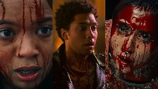 split image of three gen v characters covered in blood during gross, shocking, weird moments in the series