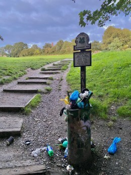 Rubbish left on the money box at the foot of Glastonbury Tor