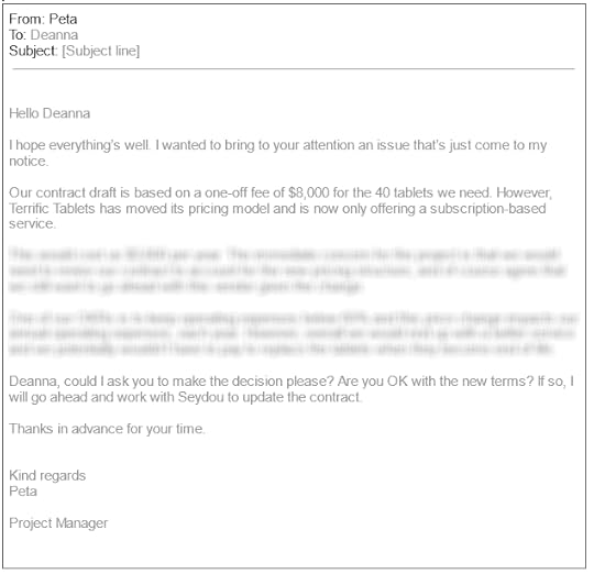Email to senior stakeholder asking for a decision. Text blurred out. Google Project Management capstone requirement.