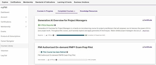 PMI courses catalog showing my courses