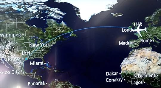 The Backpacking Housewife flying across the Atlantic Ocean