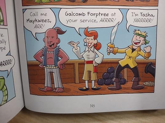 Three pirates. Pirate 1: 'Call me Maykwees, ARR!' Pirate 2: 'Galcomb Forptree at your service, ARRRR!' Pirate 3: 'I'm Tasha, YARRRRR!'