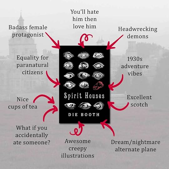 Spirit Houses infographic showing book cover and text - badass female protagonist, headwrecking demons, 1930s adventure vibes, what if you accidentally ate someone?