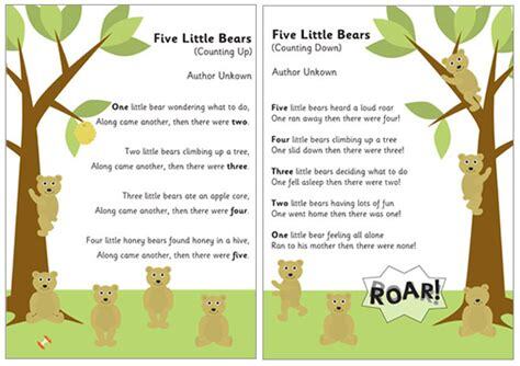 If you love music, then you know all about the little shot of excitement that ripples through you when you hear one of your favorite songs come on the radio. 5 little bears counting rhymes free early years primary teaching