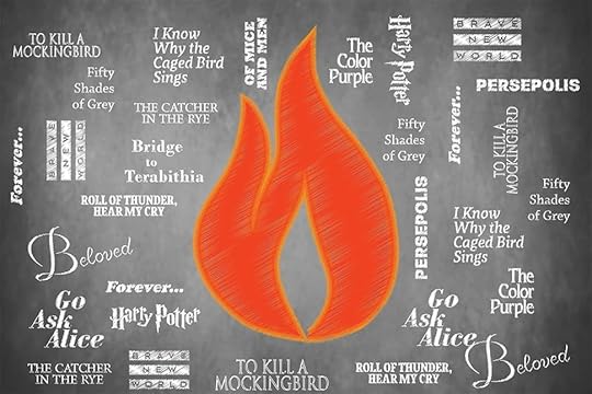 Office of Intellectual Freedom banned book titles around a flame