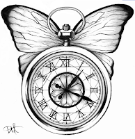 An antique stopwatch with a moth in the background, rendered in black and white.