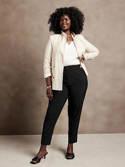 woman in black banana republic pants