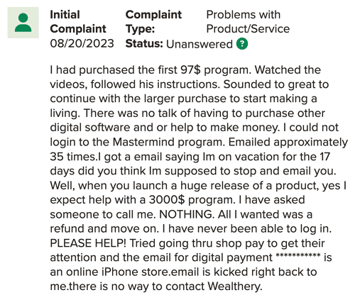 wealthery review unanswered complaints