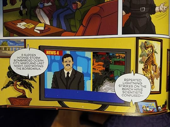 panel of a news anchor next to a shot of destroyed beach property, with an announcement: 'A sudden intense storm bombarded Ocean City, Maryland last night, destroying the boardwalk.'