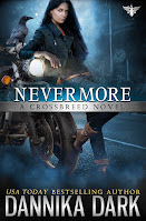 Woman in leather with black hair and mismatched eyes leaning against a motorcycle, a raven perched on the handlebars. Blue foggy background of an abandoned street.