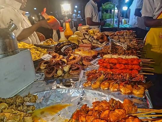 Seafood Skewers at Forodhani Garden in Stone Town, Zanzibar, Tanzania.