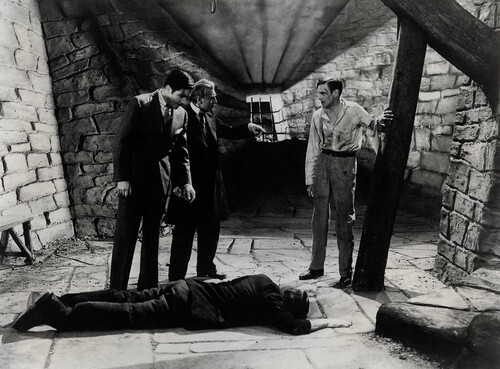 John Boles, Edward Van Sloan, Colin Clive and Boris Karloff in Frankenstein (1931)