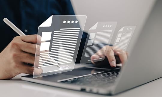 man typing on a laptop keyboard and document images floating above; Google Docs. vs. MS Word to Write a Manuscript