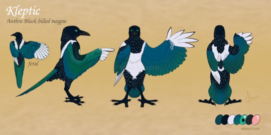 Three standing views of a humanoid magpie with irridescent green wings and tail, white wingtips, and black and white body. Black areas have small white dots.