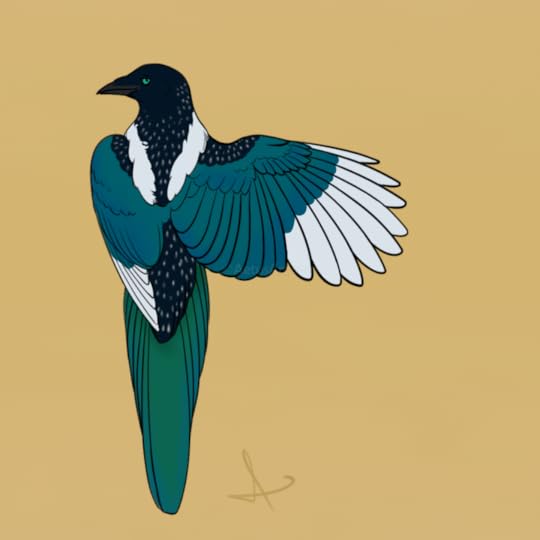 A natural magpie form with black and white body, irridescent green wings and tail, and white wingtips. Black areas have small white dots.