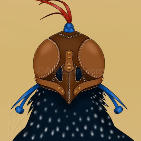 Close-up of the magpie's head wearing a brown leather falconry hood with red topknot and blue braces.