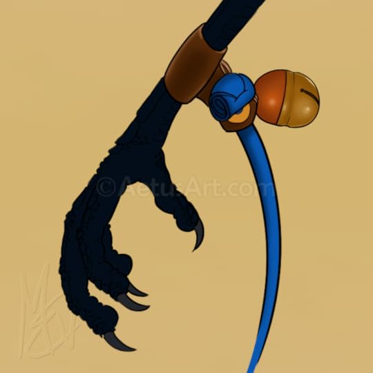 Close-up of leg with aylmeri (leather cuff), jess (leather strap), and hawk bell.