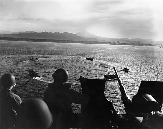 LCVP landing craft circling off Cape Torokina, Bougainville, Solomon Islands before landing, 1 Nov 1943 (US Marine Corps photo USMC 67319)
