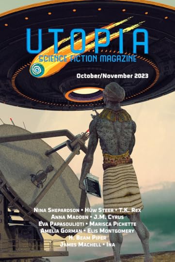 Cover for Utopia Science Fiction Magazine, October/November 2023. A grey-skinned alien in Egyptian-style clothes walks towards a satellite dish, in the shadow of a flying saucer.