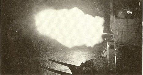 Light cruiser USS Montpelier firing her guns during the Battle of Empress Augusta Bay, night of 1-2 Nov 1943 (US Navy photo)