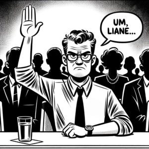 Cartoon of a man raising his hand saying 