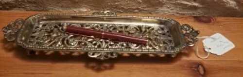 Red vintage Parker pen in Victorian brass pen tray