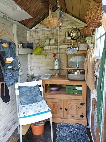 She shed with upcycled denim decor