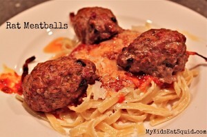 Rat meatballs on plate. From Halloween Rodent Ragu