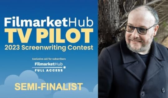Graphic stating that Russel is a semi finalist in the Filmarket Hub TV Pilot screenwriting contest 2023 on a blue background with clouds. To the right is a picture of Russel himself, standing against a tree and dressed in a dark blue coat/