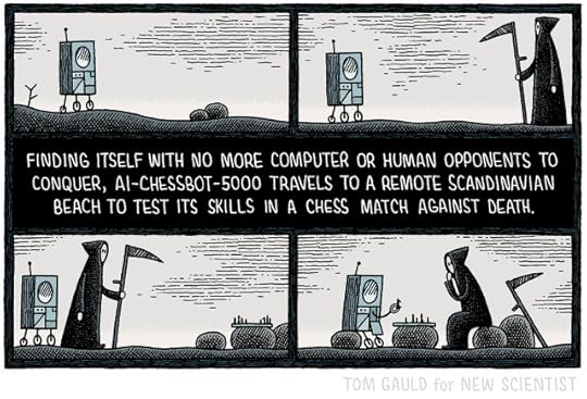 A boxy robot trundles on its small wheels along a stony beach, it is met by a hooded figure.The caption reads: "Finding itself with no more computer or human opponents to conquer, AI-CHESSBOT-5000 travels to a remote scandinavian beach to test its skills in a chess match against Death"Death leads the robot to a chessboard and leans his scythe on a rock. The two sit down and begin to play....