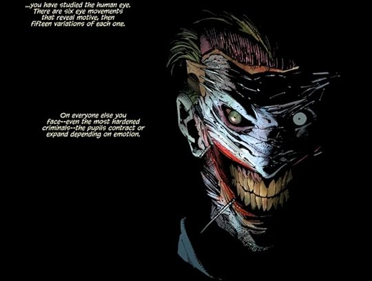 A panel from Batman #15 (2011) with text and the Joker wearing his skin mask