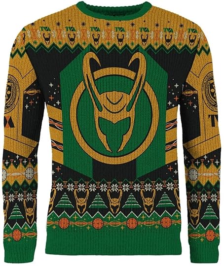 A green, black, and gold Loki-themed Christmas sweater