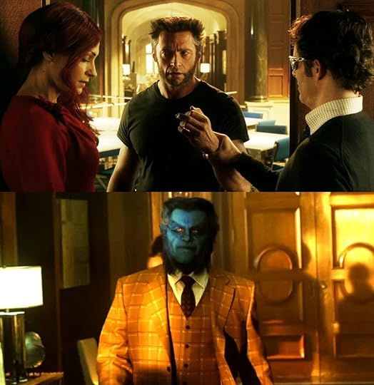 The "Happy Ending" of X-Men: Days of Future Past, showcasing Jean Grey (Famke Jannsen), Hugh Jackman (Wolverine) Cyclops (James Marsden) and Beast (Kelsey Grammer).