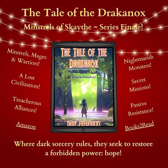A tablet displays the cover to The Tale of the Drakanox, surrounded by twinkling lights.