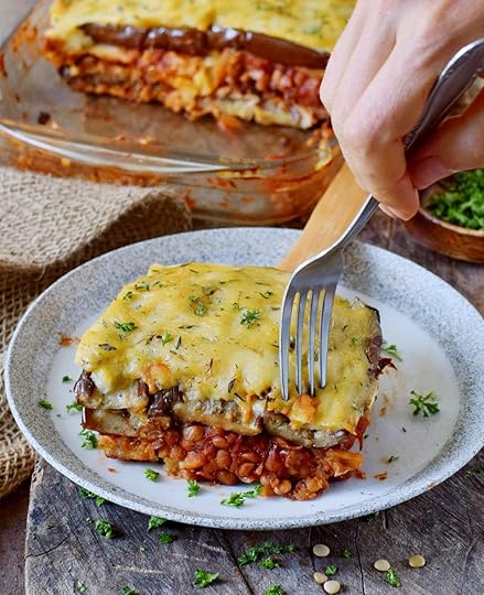 vegan moussaka on a plate with a fork