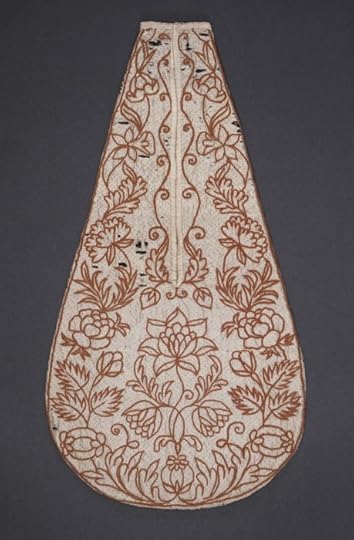18th century women's hanging pocket. Cream fabric with brown embroidery